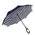 Unbelievabrella in Black Custom Inverted Umbrella with Navy Stirped Interior